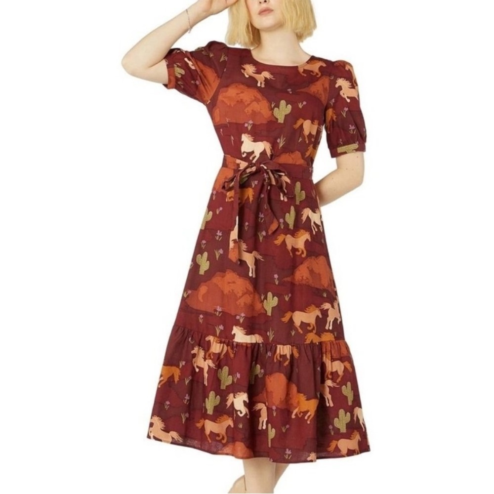 Princess Highway Maroon Horse & Cactus Midi Dress